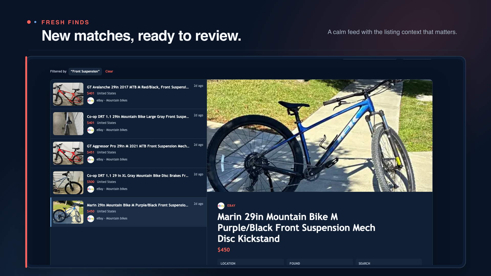 Flipinator Feed showing marketplace matches and the details of a selected listing in dark appearance