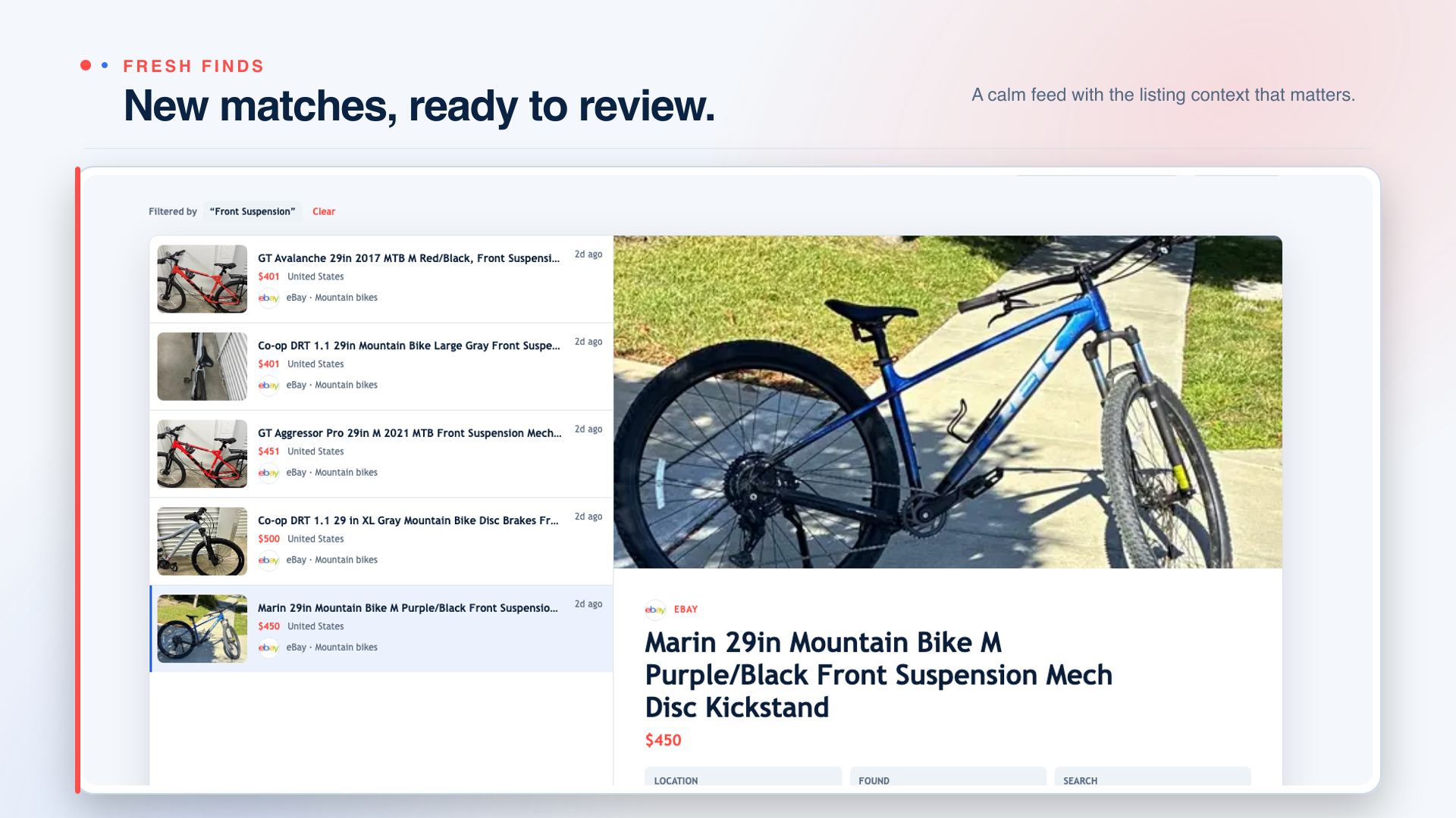 Flipinator Feed showing marketplace matches and the details of a selected listing