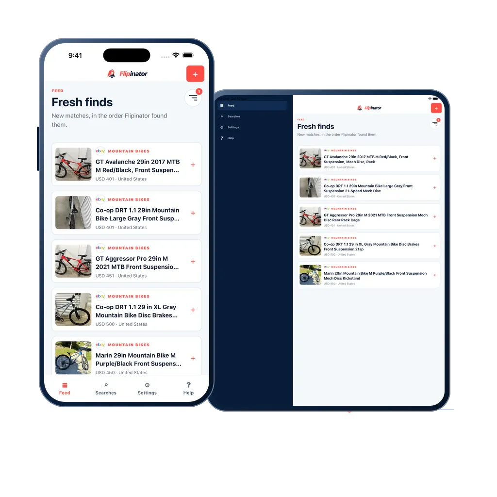 Flipinator Feed on a phone and tablet, showing item photos and matching listings