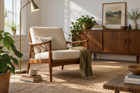 Vintage wood lounge chair with a linen seat