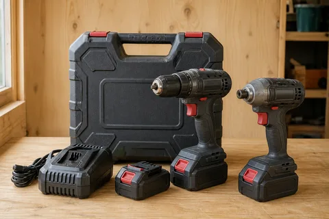 Cordless tool kit on a workbench
